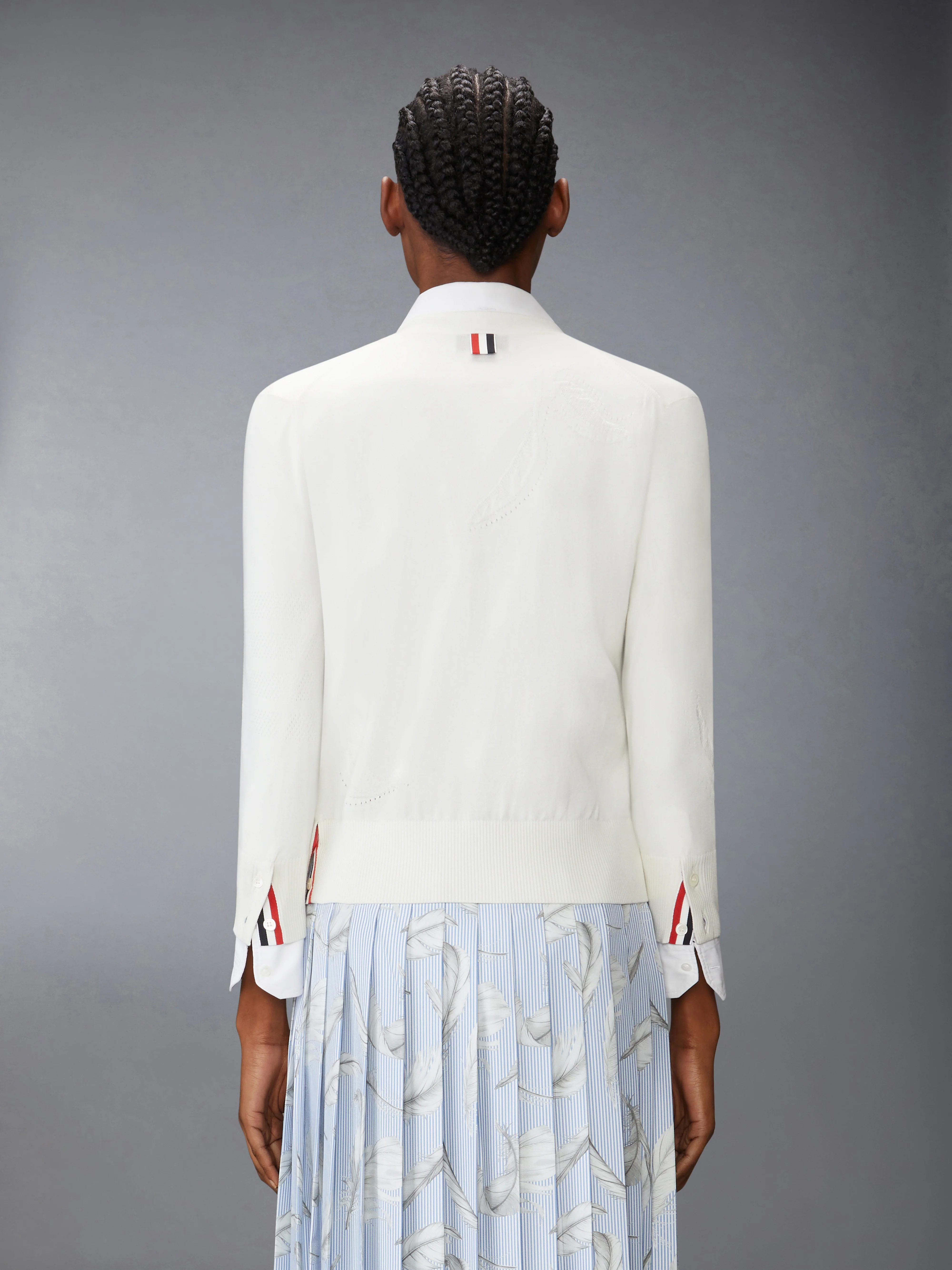 FEATHER INTARSIA POINTELLE 4-BAR V NECK CARDIGAN