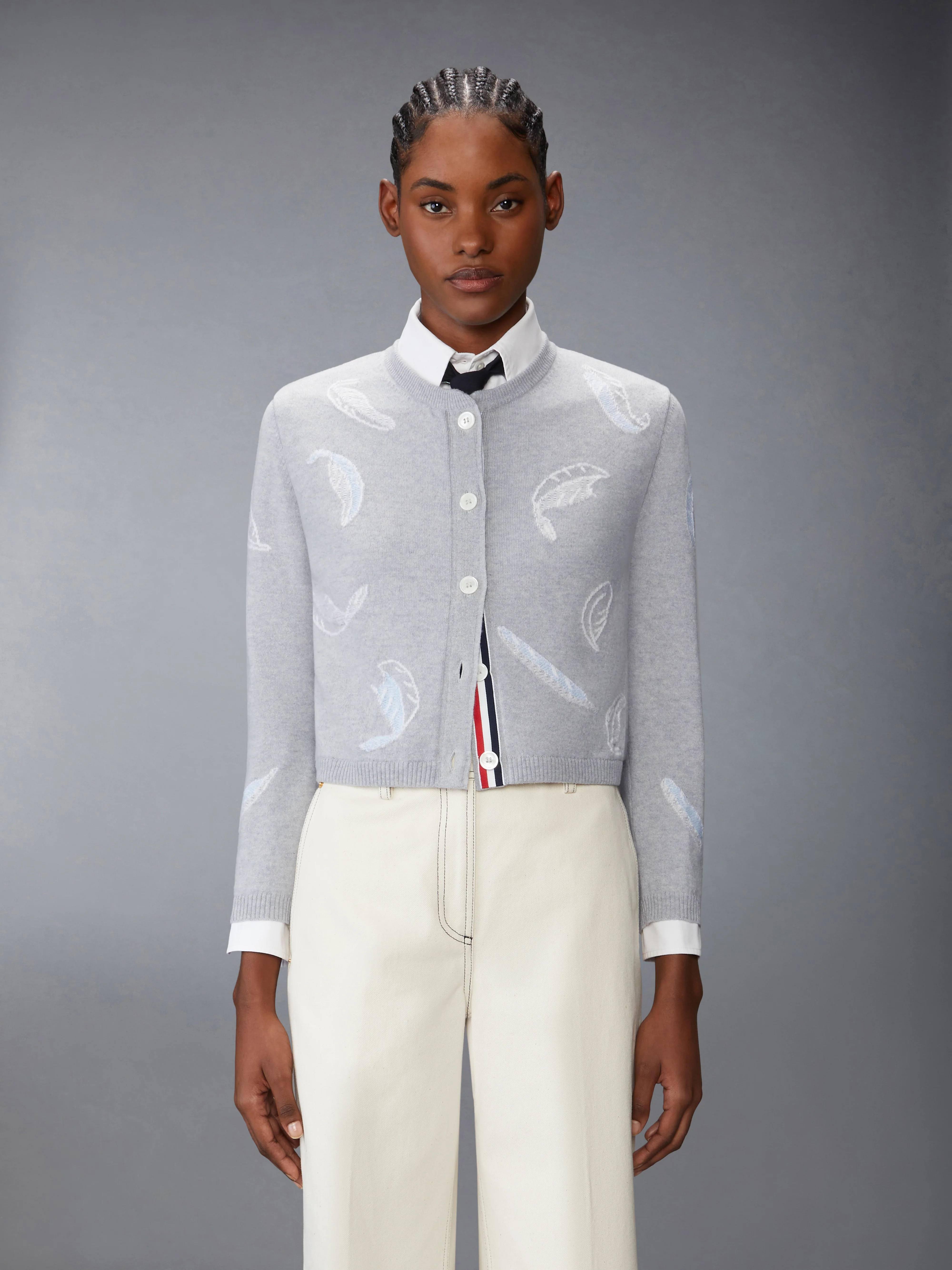 FEATHER INTARSIA PRINTED SILK TWILL CREW NECK CARDIGAN