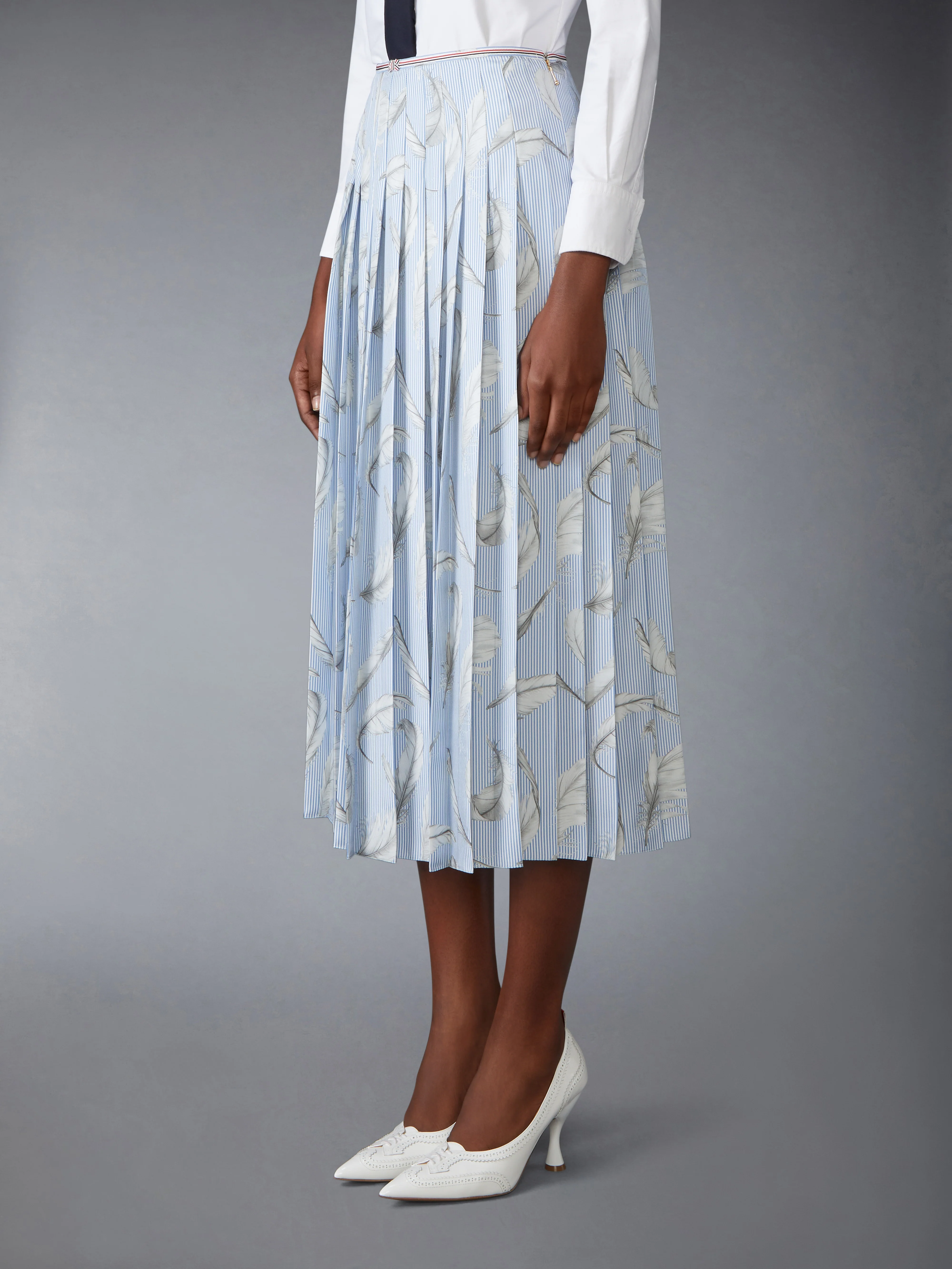 FEATHER PRINTED SILK TWILL PLEAT SKIRT