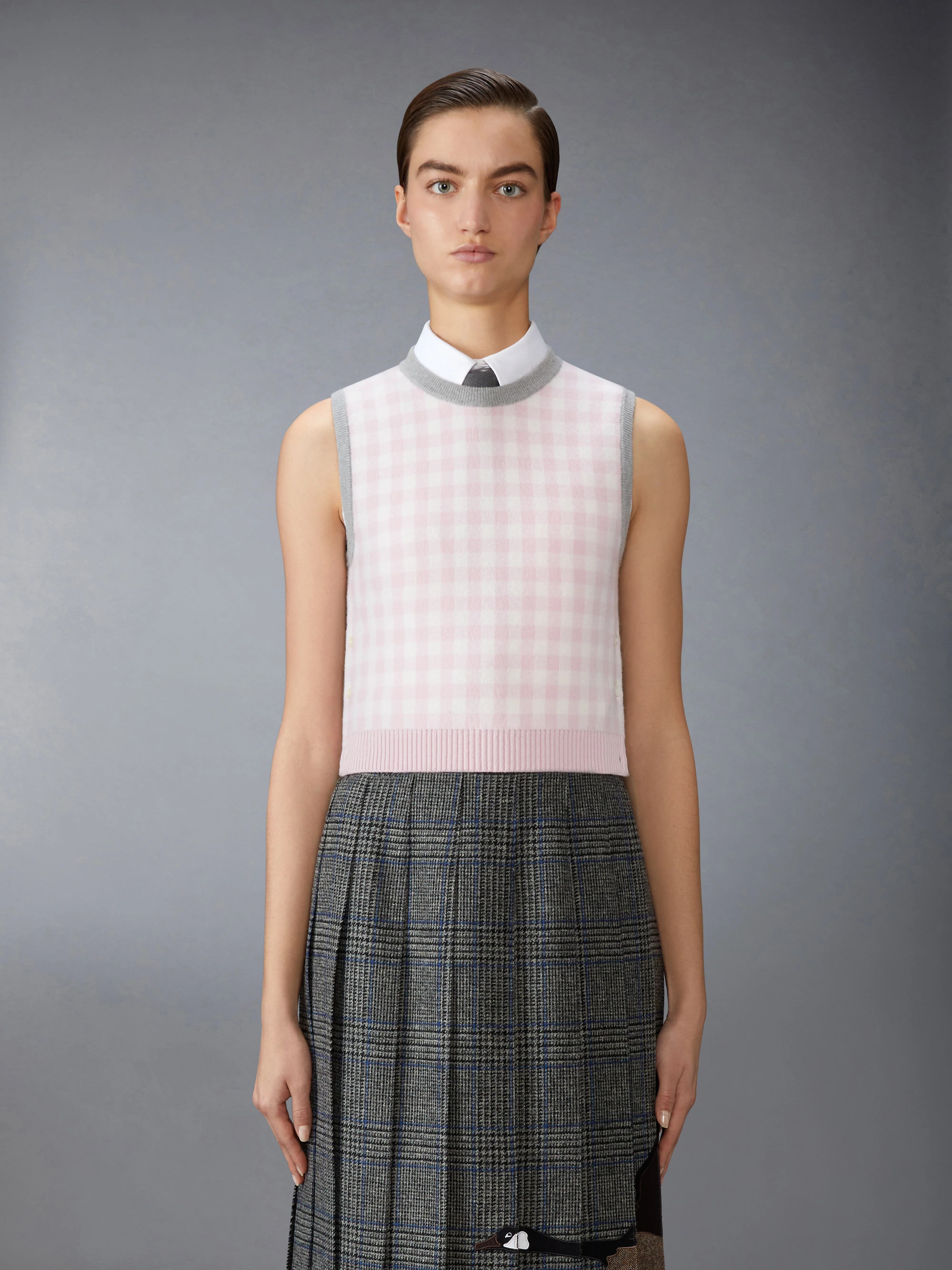 FUNMIX GINGHAM CHECK JACQUARD MERINO WOOL SHELL TOP