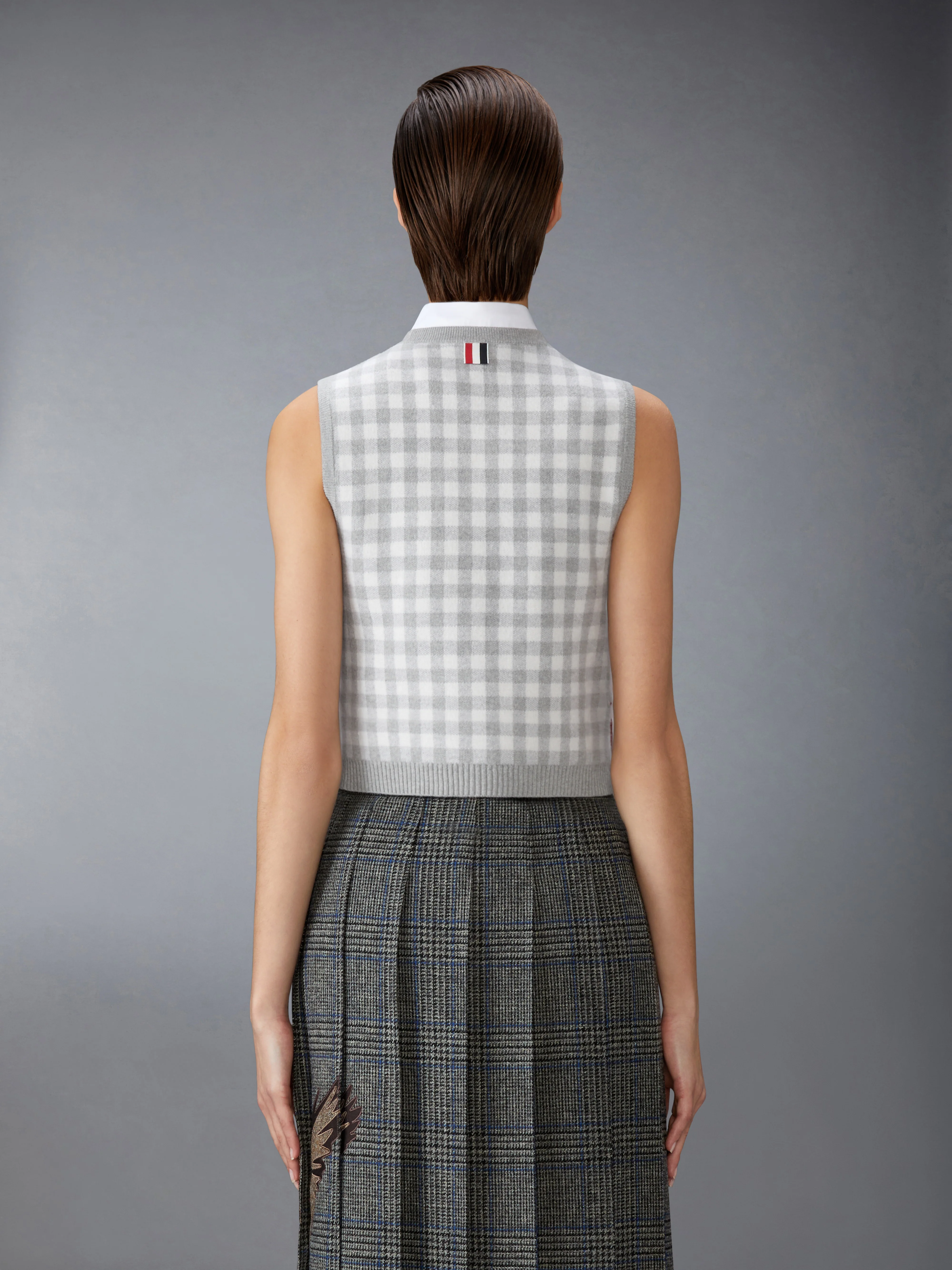 FUNMIX GINGHAM CHECK JACQUARD MERINO WOOL SHELL TOP