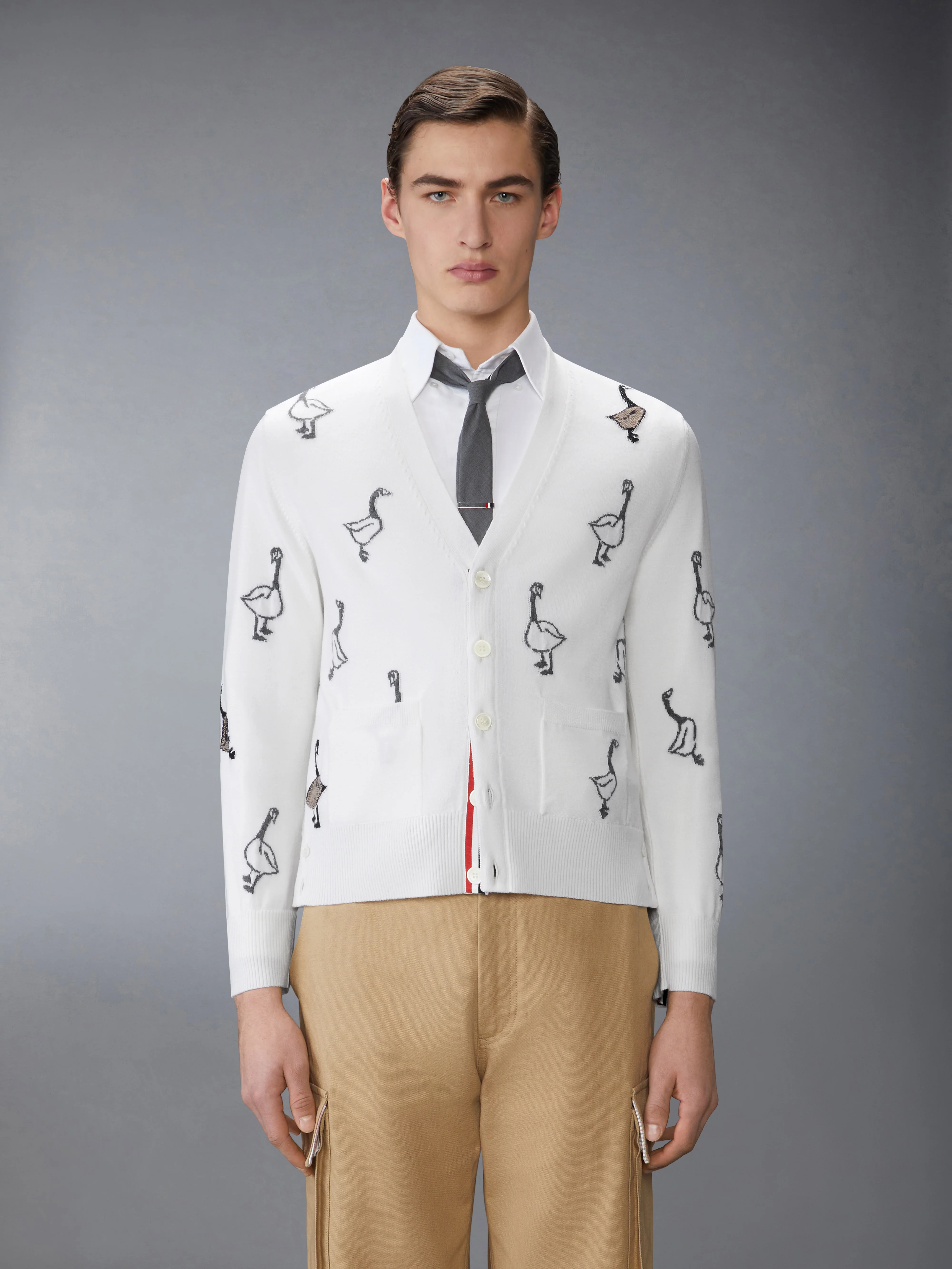GEESE INTARSIA MERINO WOOL RELAXED FIT V NECK CARDIGAN