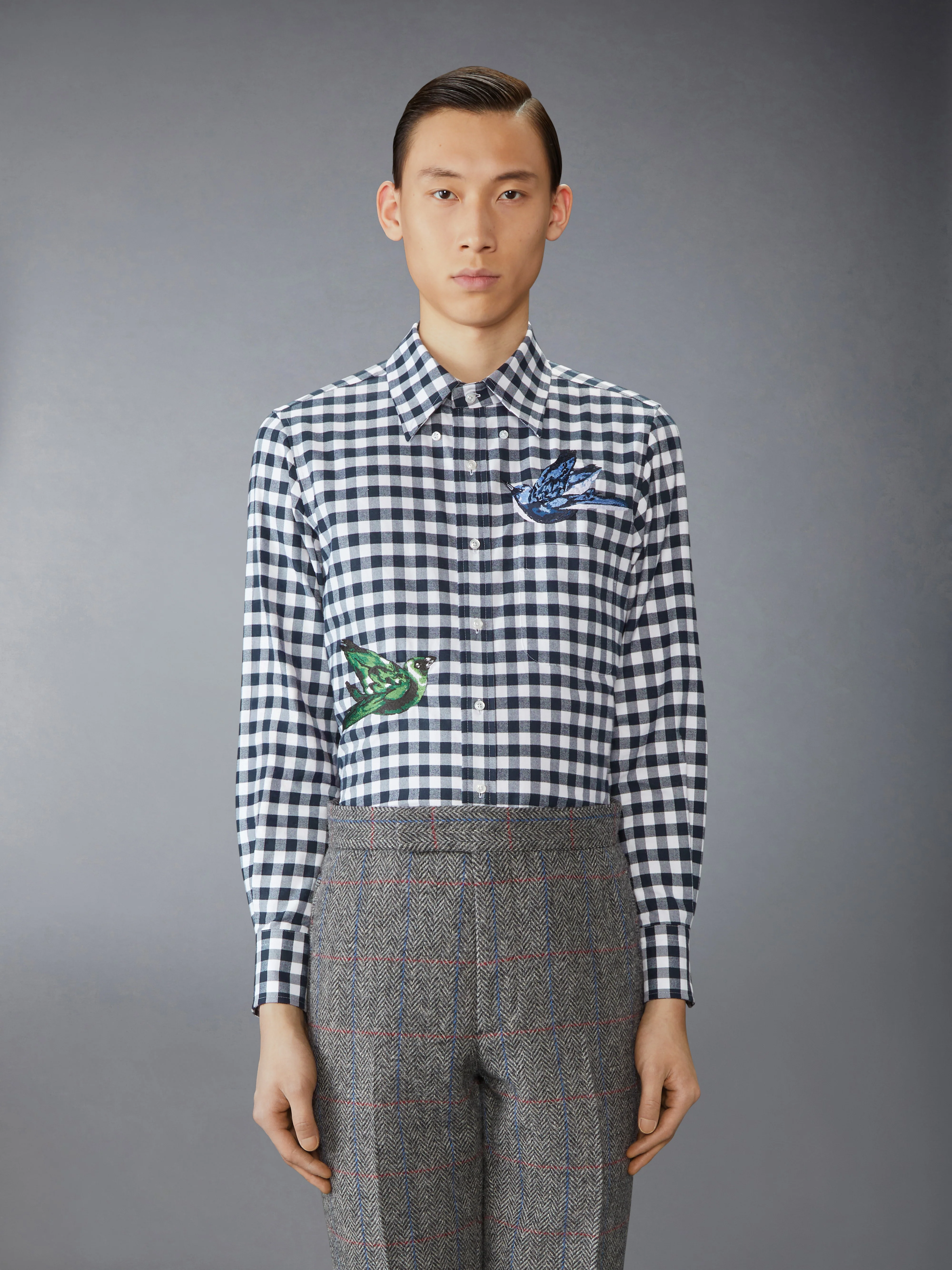 GINGHAM CHECK FLANNEL SATIN STITCH BIRDS SHIRT