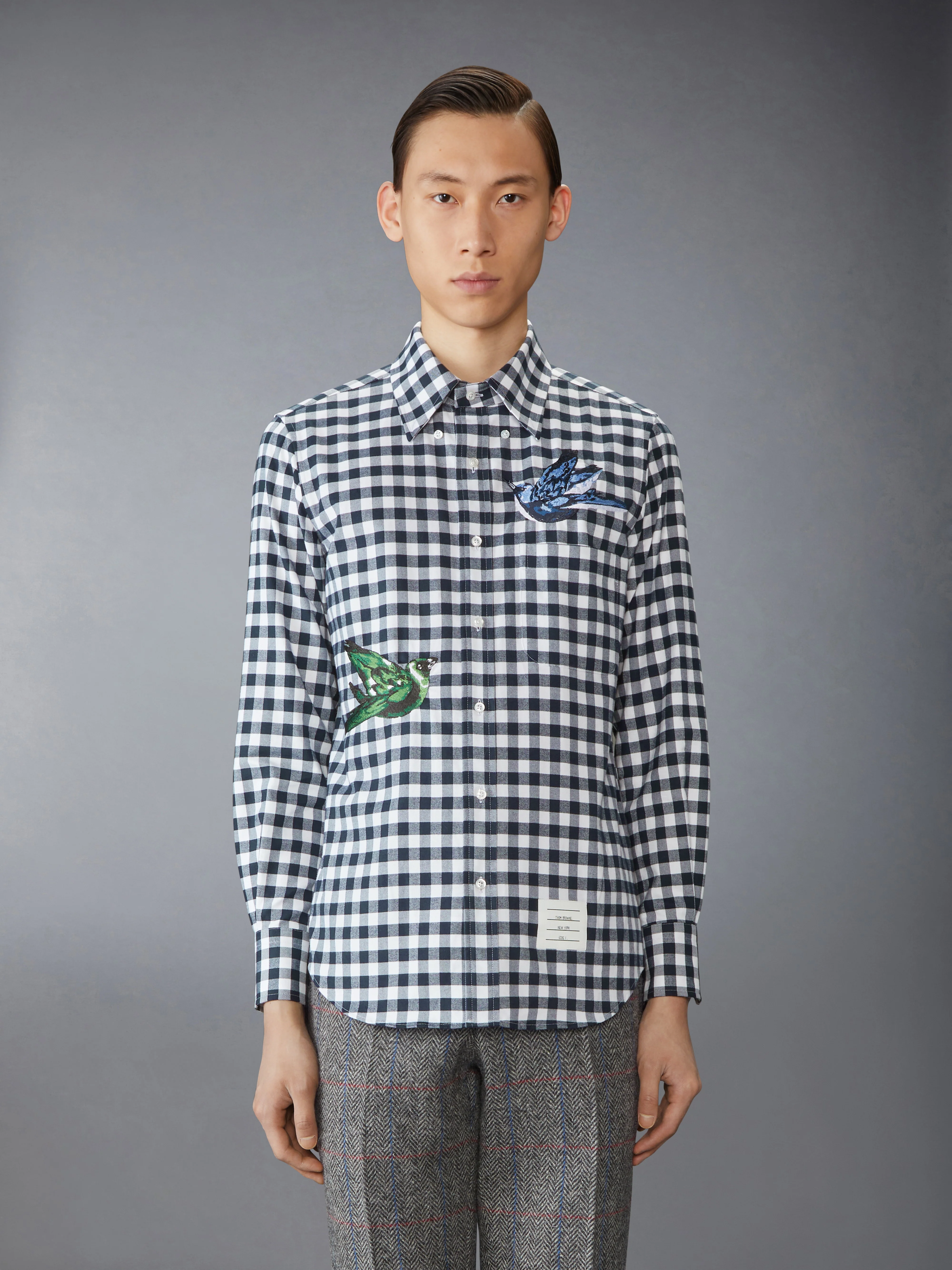 GINGHAM CHECK FLANNEL SATIN STITCH BIRDS SHIRT