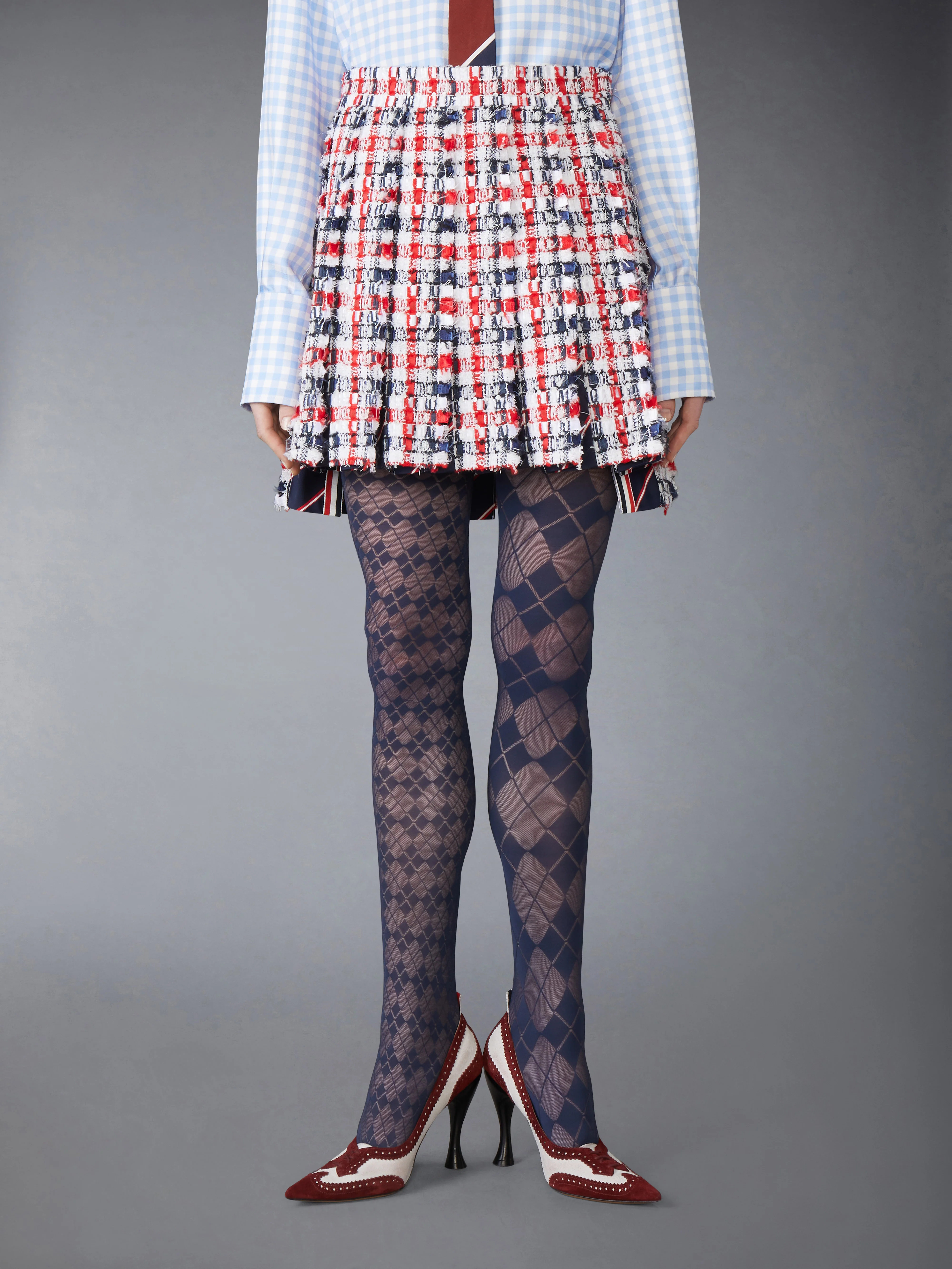 GINGHAM SATIN RIBBON TWEED PLEATED MINI SKIRT