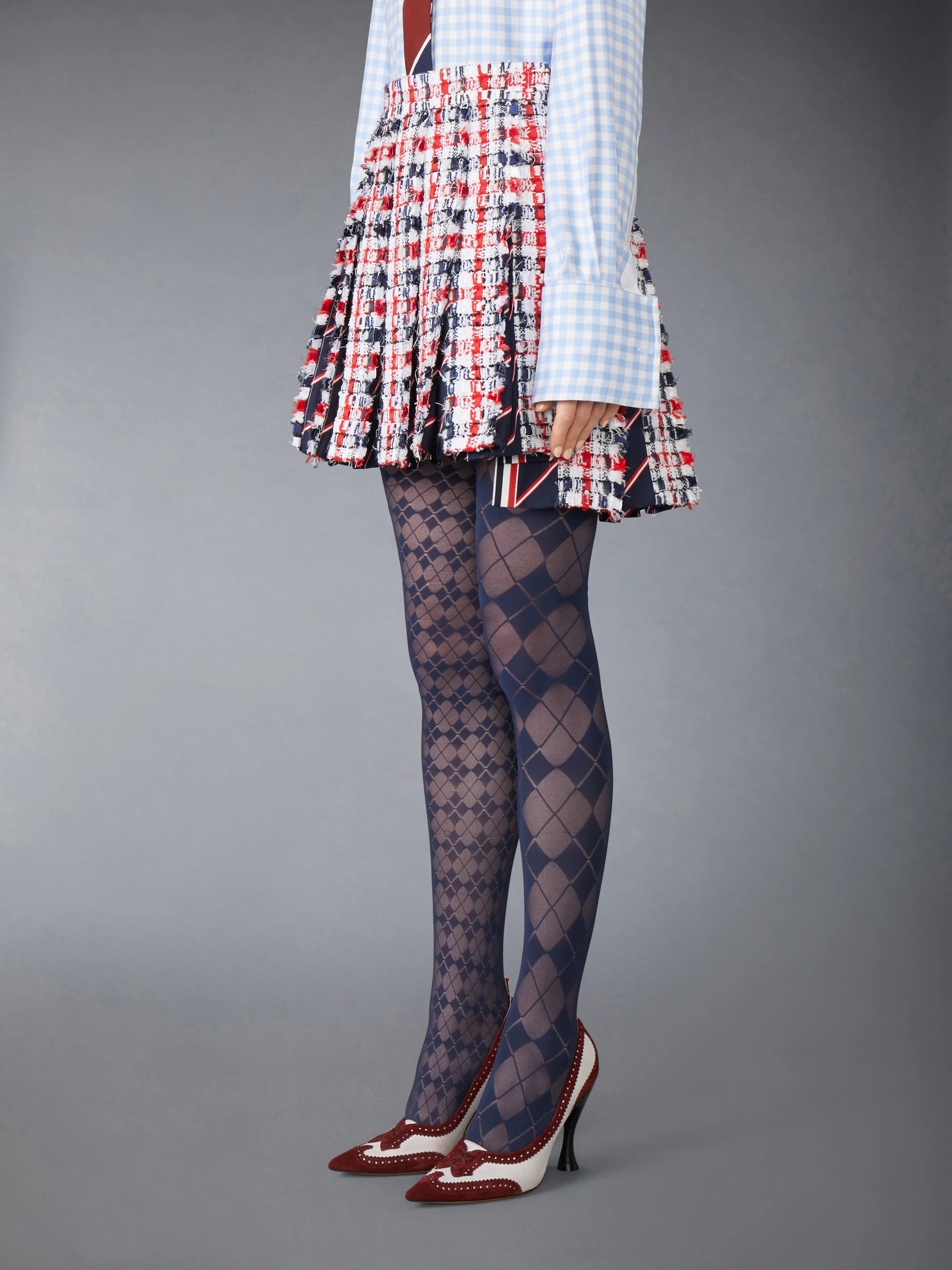 GINGHAM SATIN RIBBON TWEED PLEATED MINI SKIRT