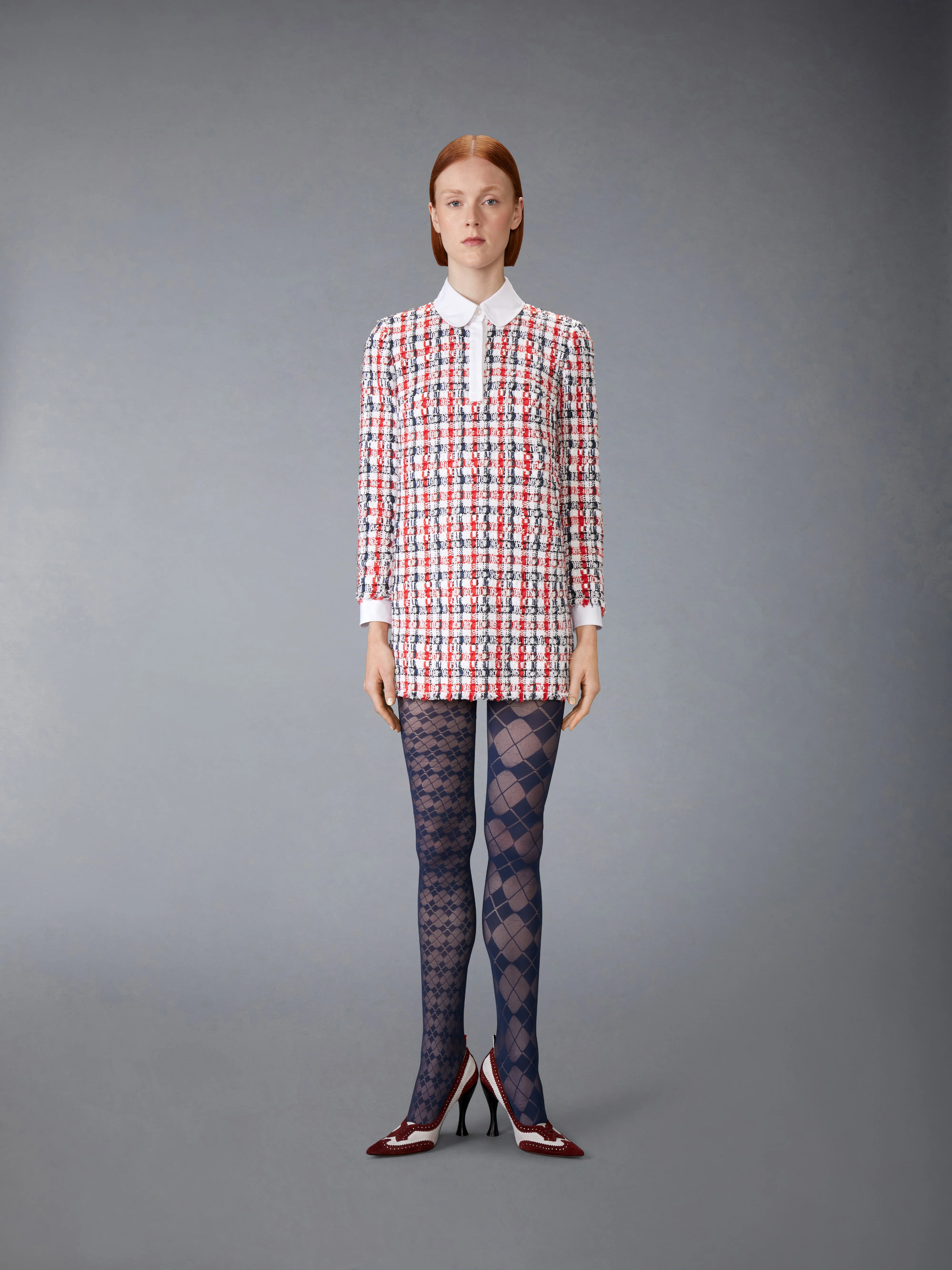 GINGHAM SATIN RIBBON TWEED SHIFT DRESS