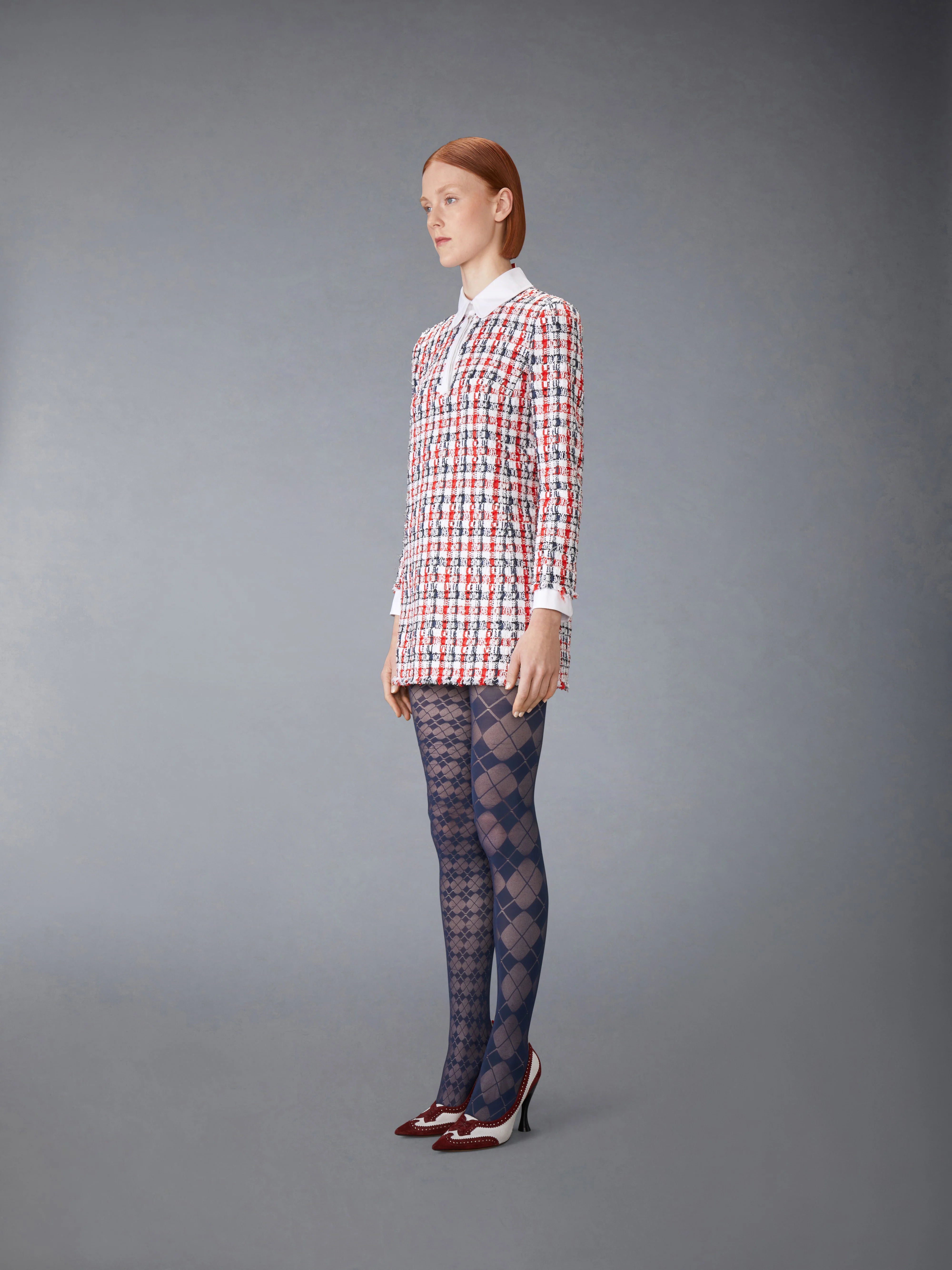 GINGHAM SATIN RIBBON TWEED SHIFT DRESS