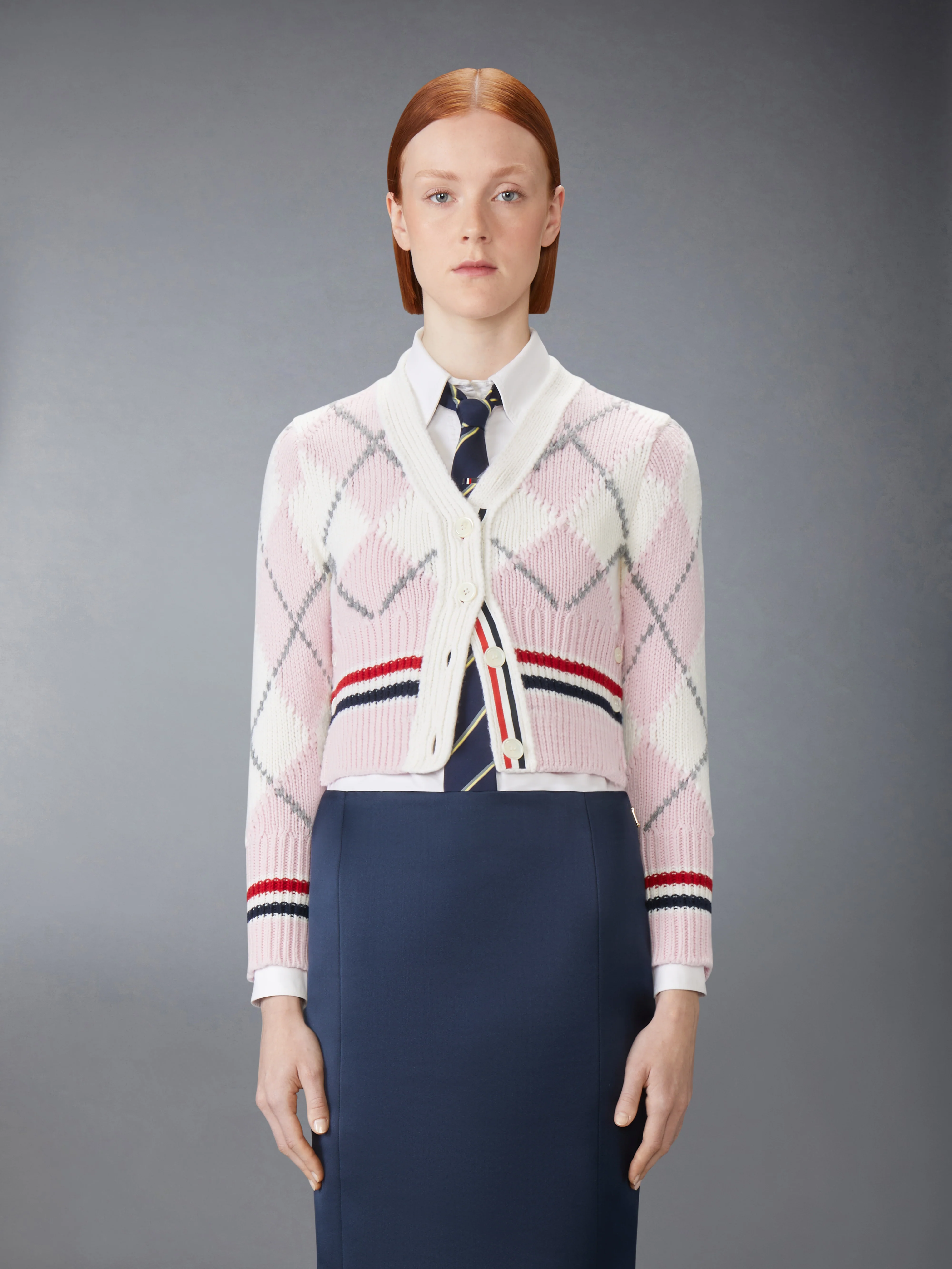 ARGYLE INTARSIA MERINO WOOL SHRUNKEN CARDIGAN