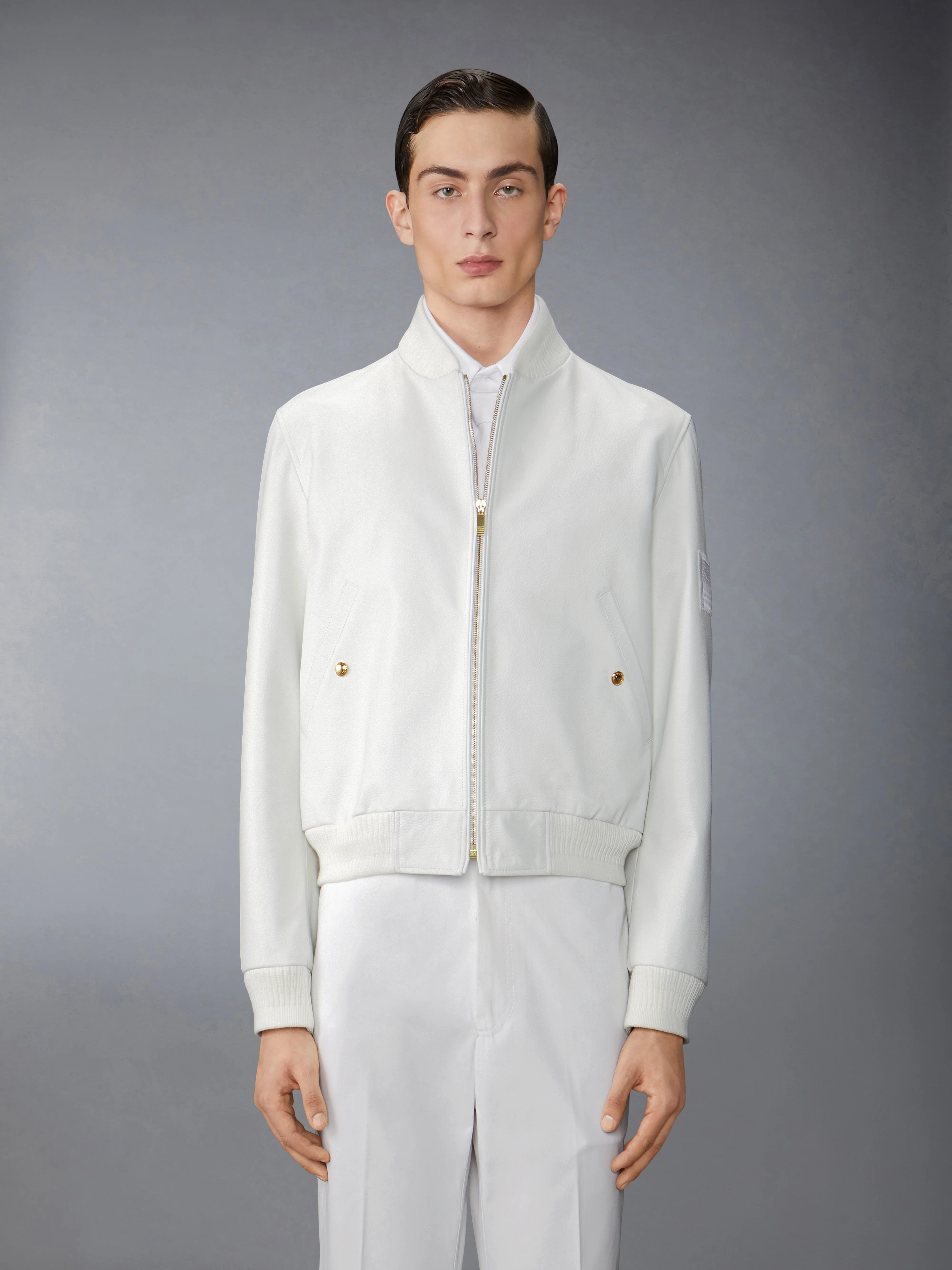 LAMB GRAINED LEATHER AND KNIT RIB FLAG PATCH BLOUSON