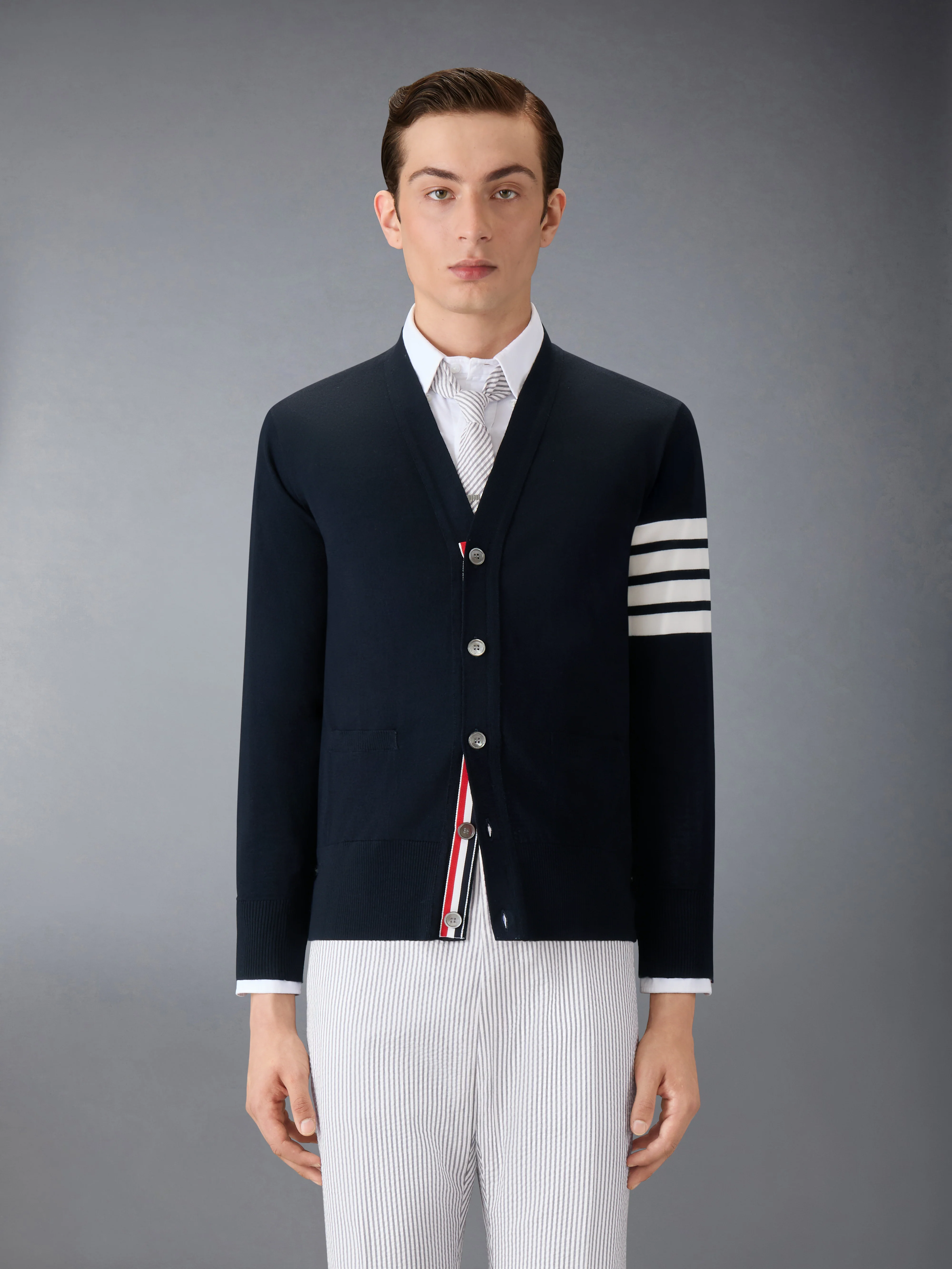 MERINO WOOL 4-BAR CLASSIC V-NECK CARDIGAN