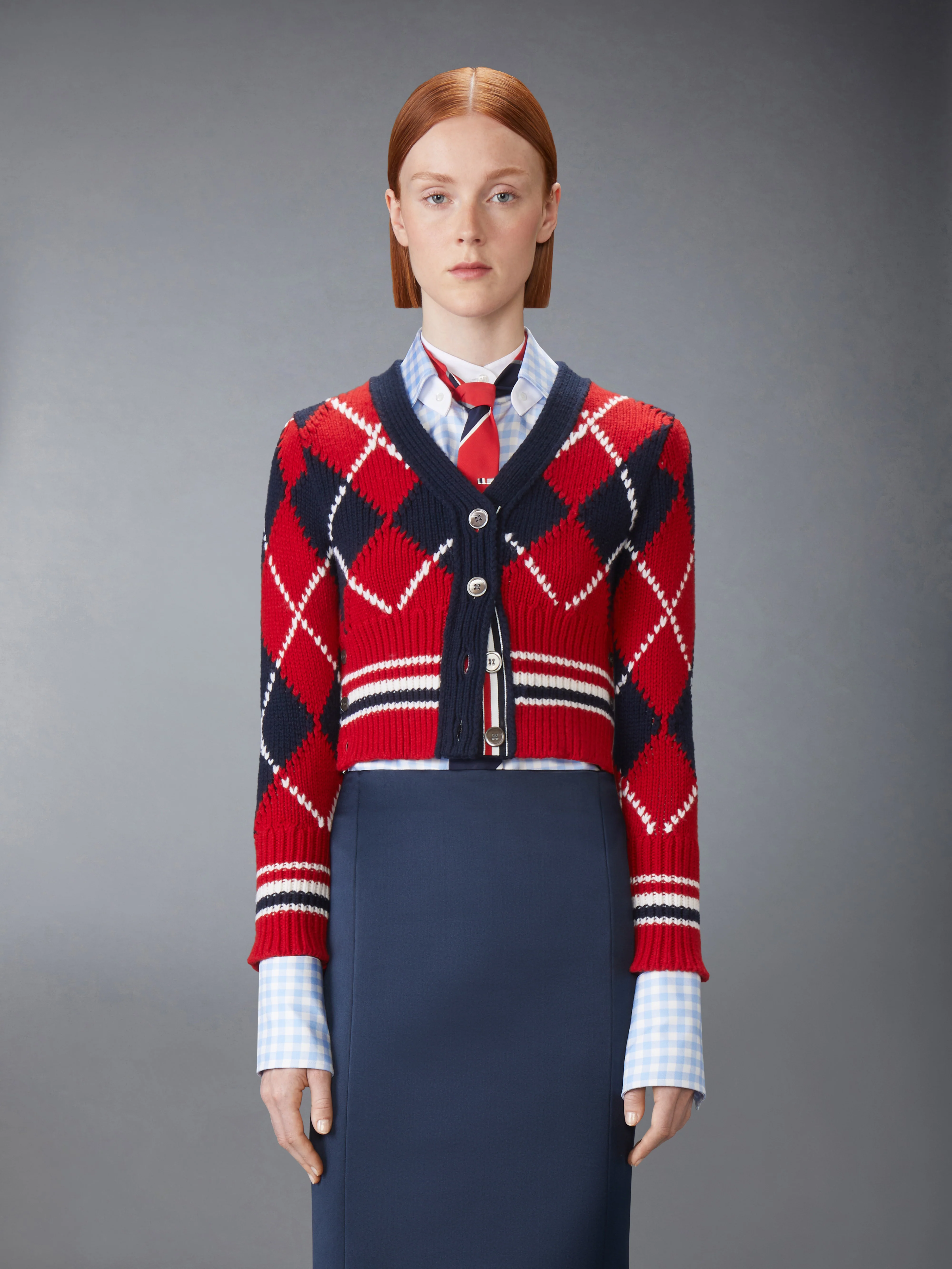 ARGYLE INTARSIA MERINO WOOL SHRUNKEN CARDIGAN