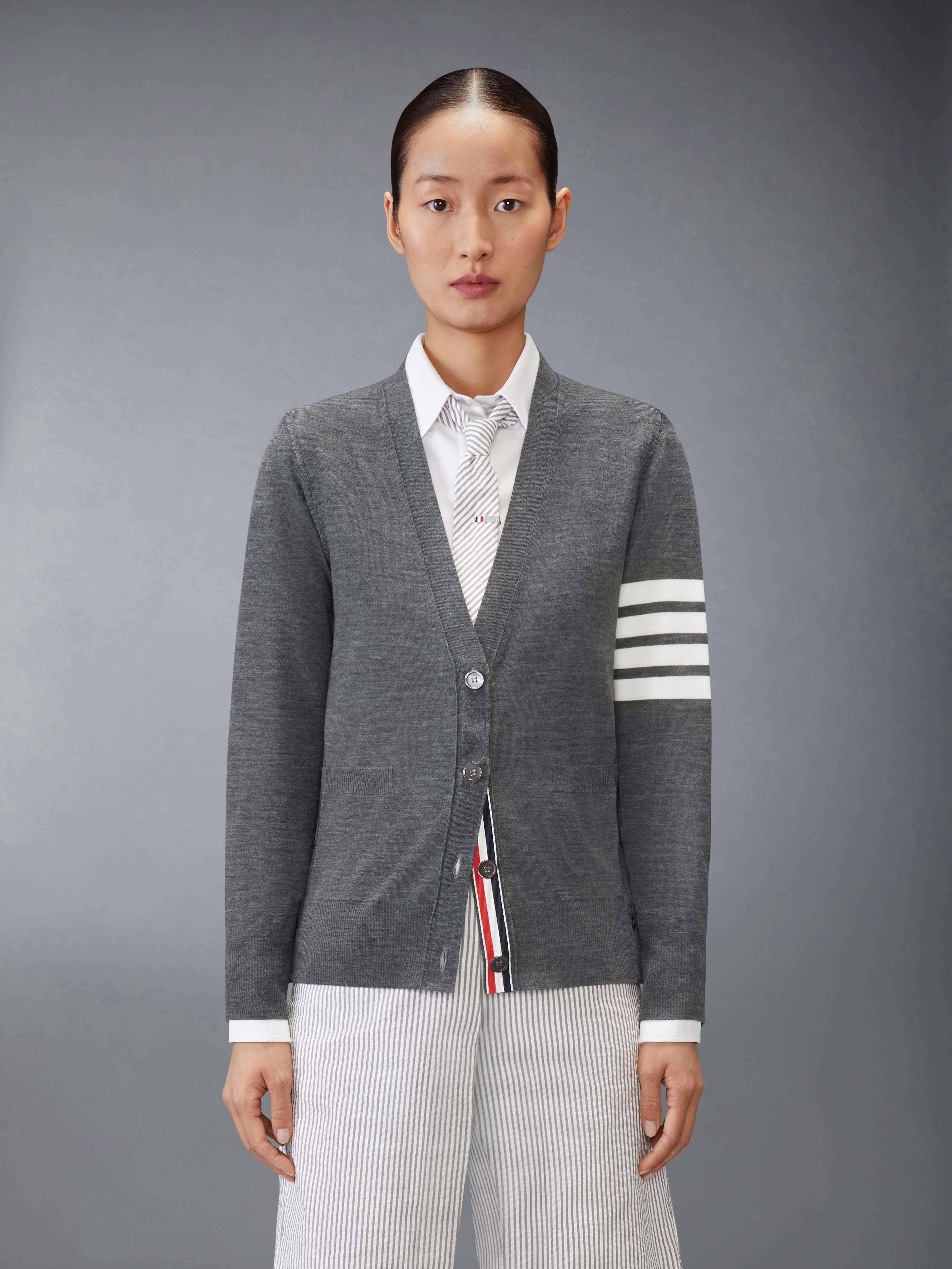 MERINO WOOL 4-BAR RELAXED FIT V-NECK CARDIGAN