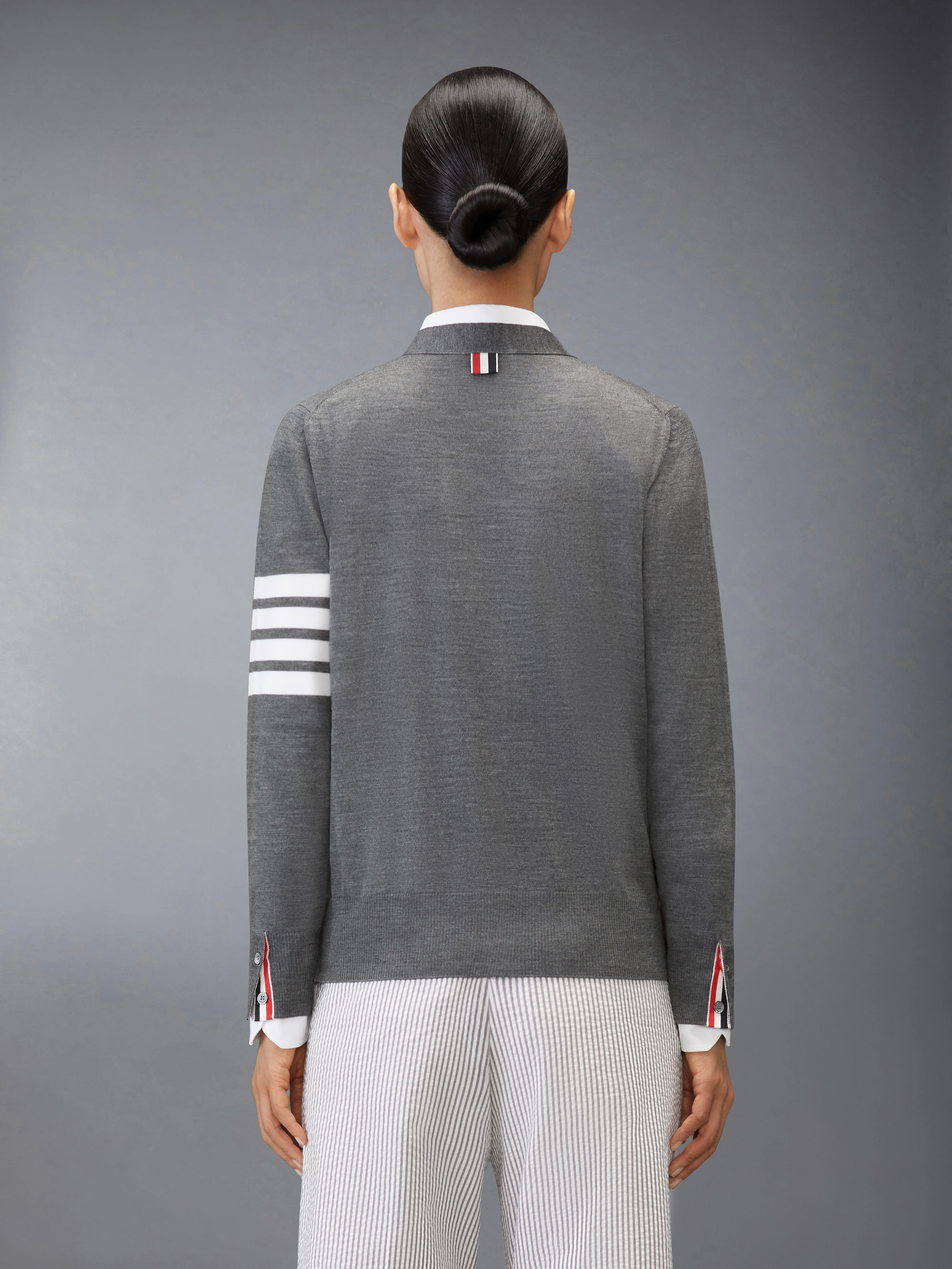 MERINO WOOL 4-BAR RELAXED FIT V-NECK CARDIGAN