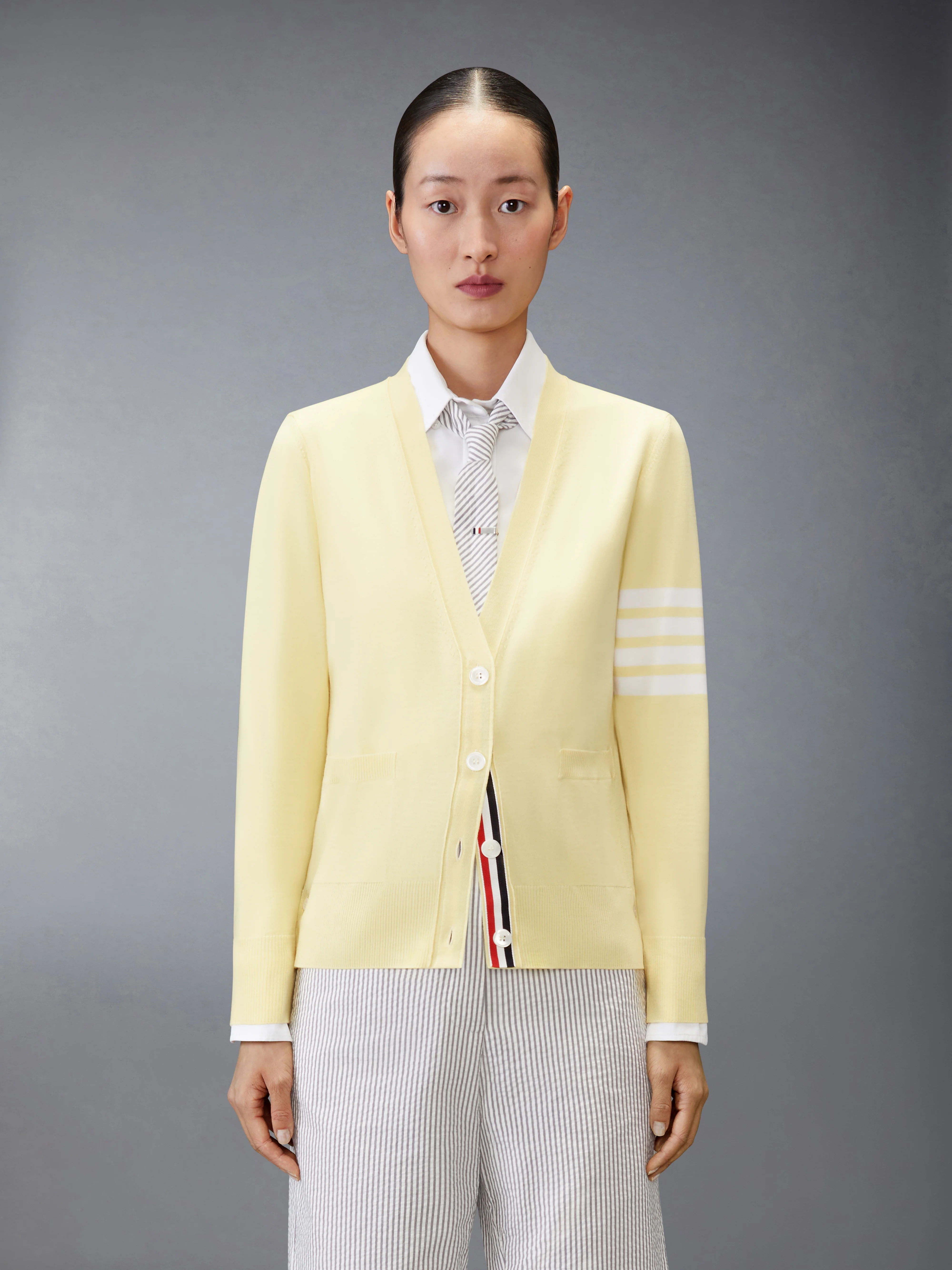 MERINO WOOL 4-BAR RELAXED FIT V-NECK CARDIGAN