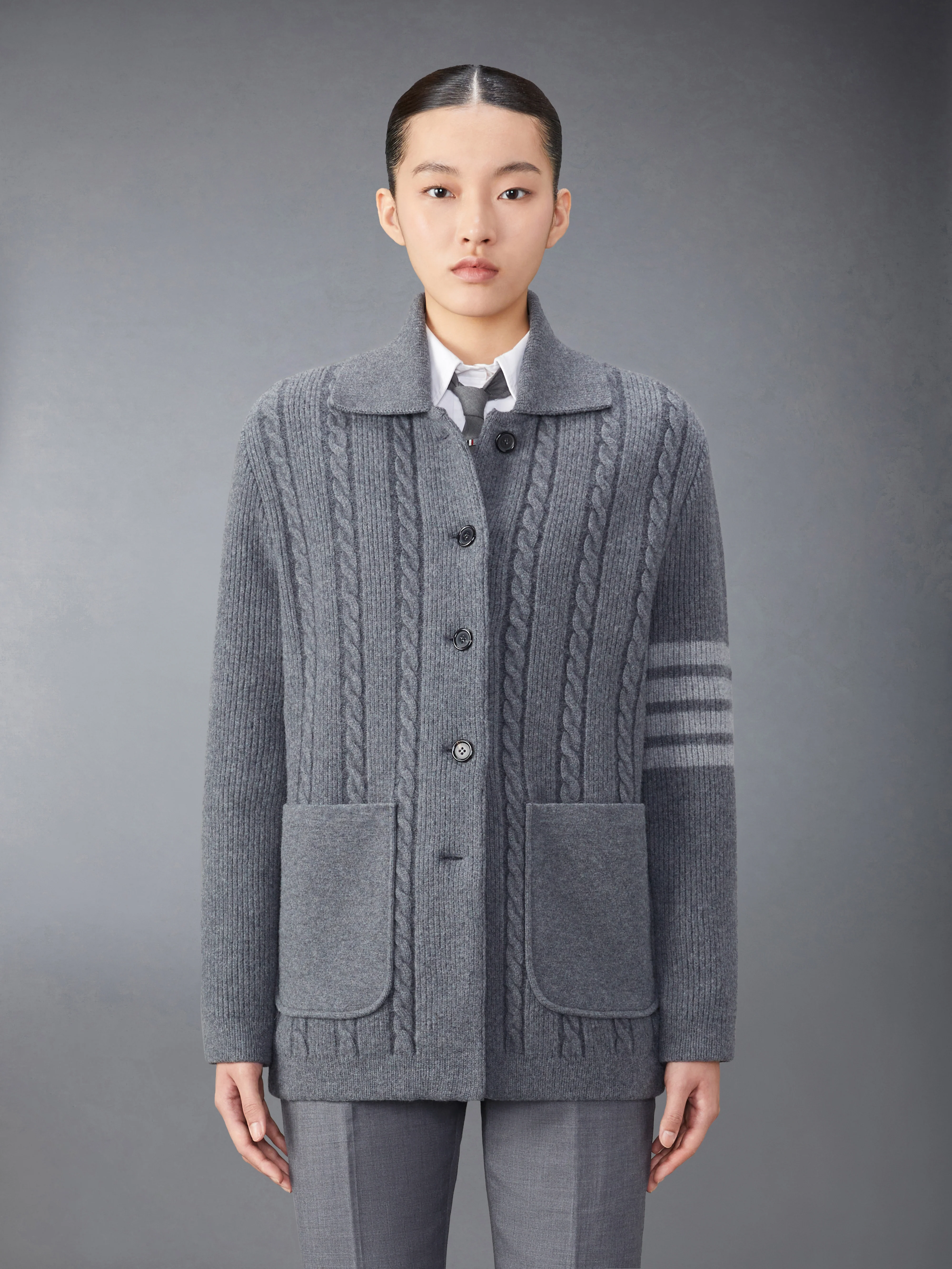 MERINO WOOL AND COTTON 4-BAR CABLE OVERCOAT