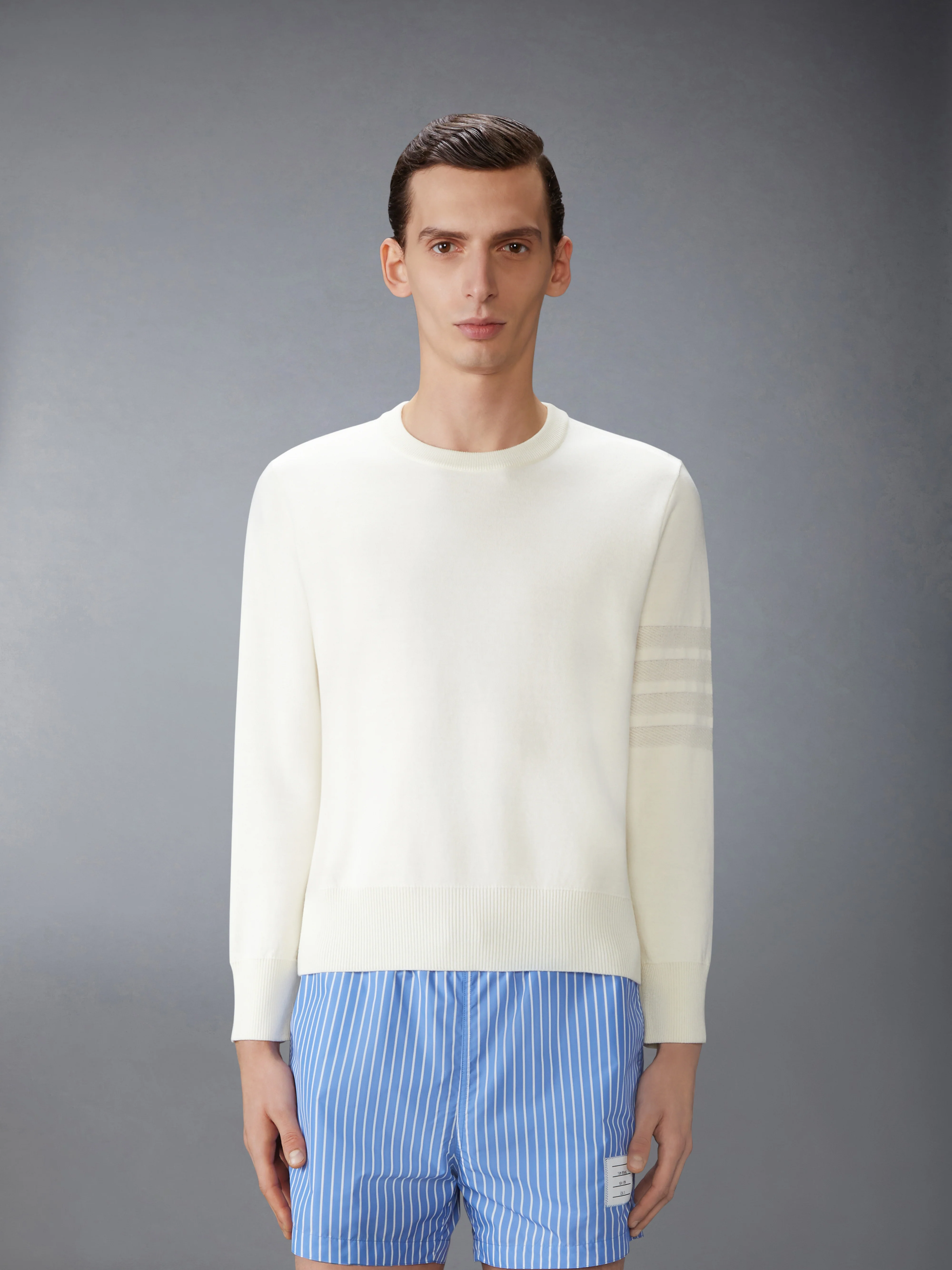 MERINO WOOL DOUBLE FACE 4-BAR CREW NECK PULLOVER